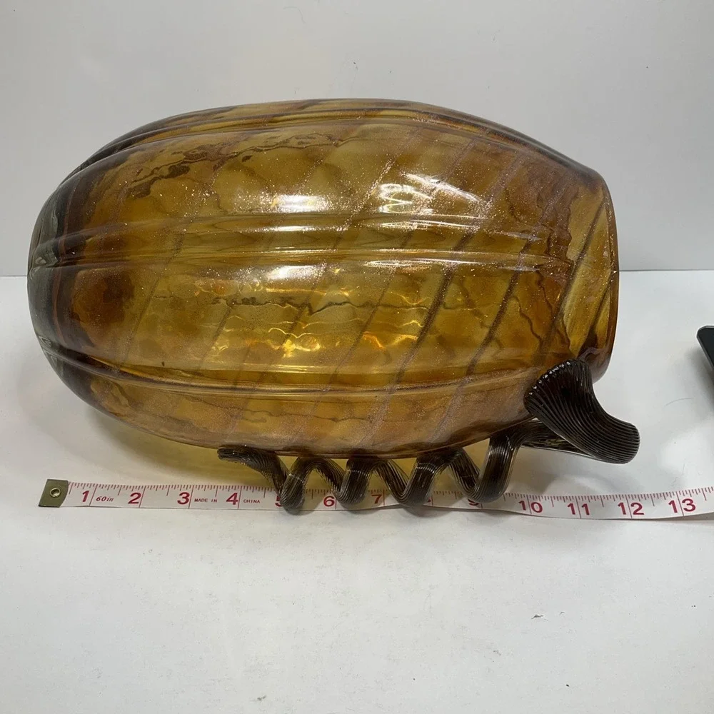 Vintage Tall Pier One Amber & gold swirl glass pumpkin vase with long curly stem